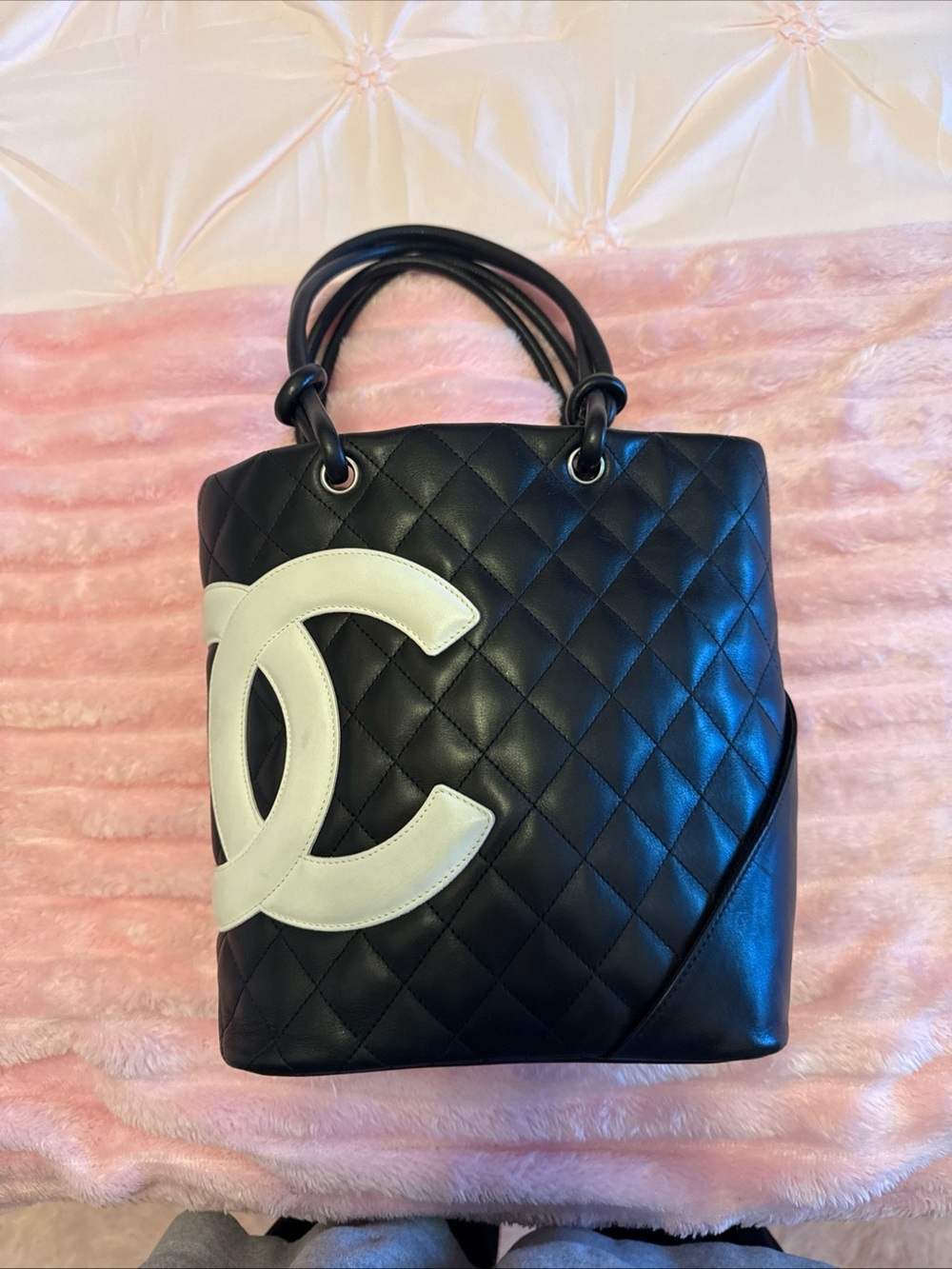 CHANEL Black Quilted Leather Tote with White CC Patch